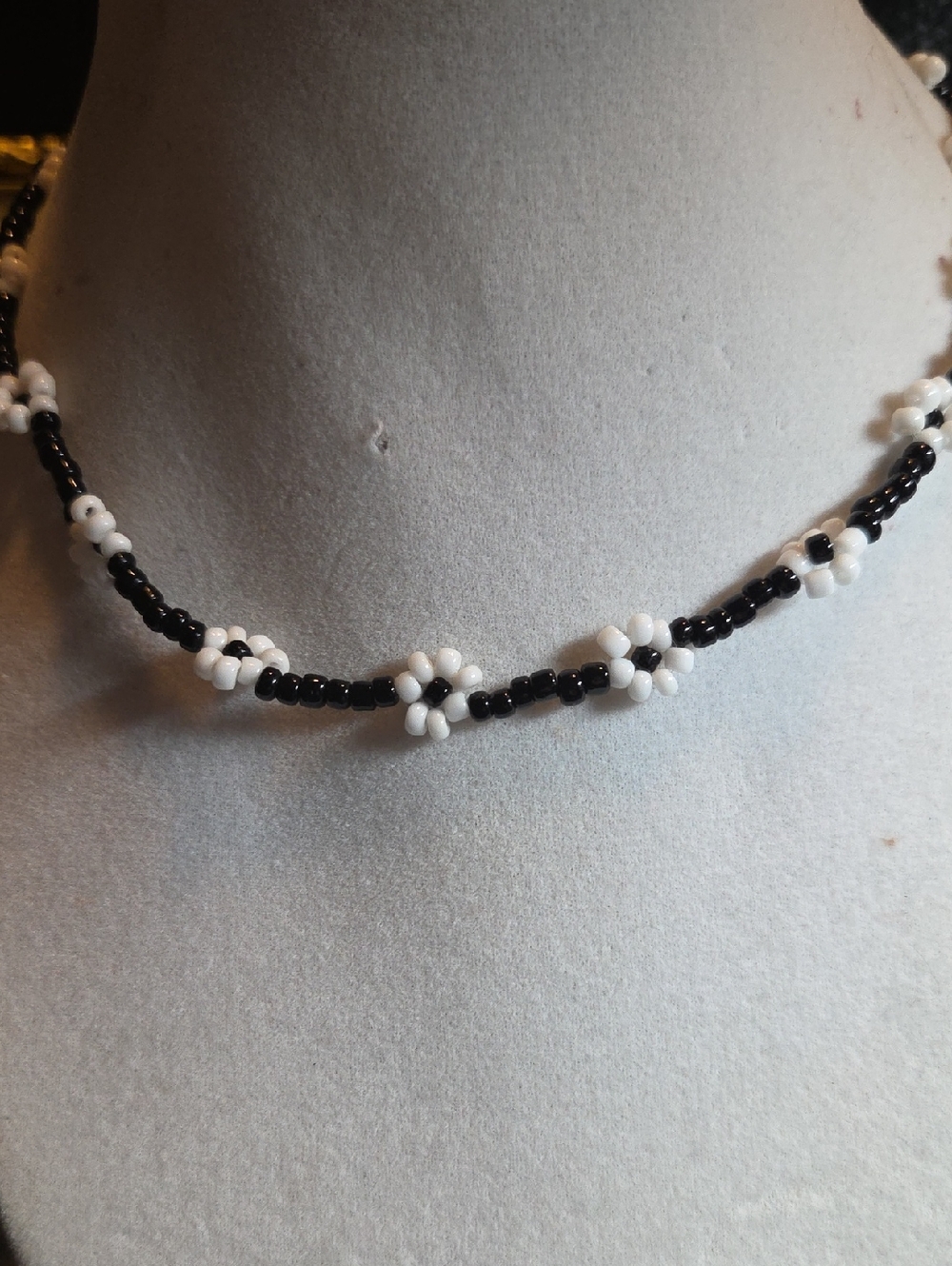 Handmade Black and White Beaded Flower Choker Necklace